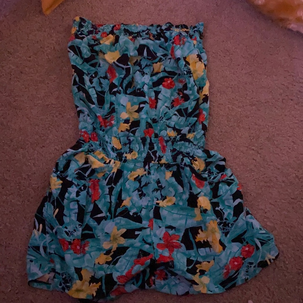 A multicolored strapless romper